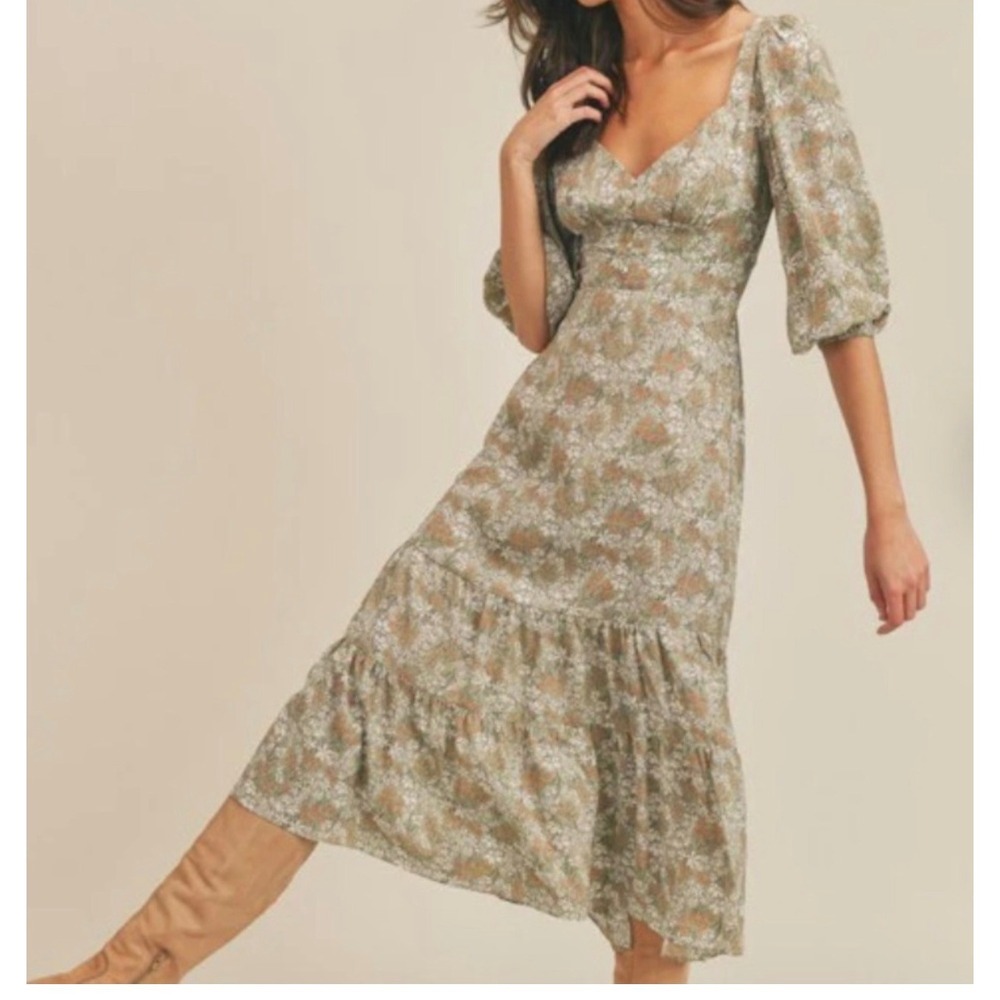 Cottagecore Prairie Lush Floral Cutout Midi Dress Sage Apricot Small